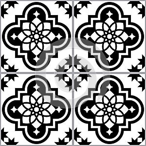 Portuguese and Moroccan Azulejo geometric tile seamless vector pattern, black and white repetitive textile design