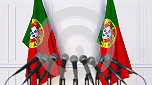 Portuguese official press conference. Flags of Portugal and microphones. Conceptual 3D rendering