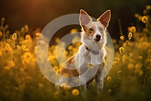 Portuguese podengo pequeno dog sitting in meadow field surrounded by vibrant wildflowers and grass on sunny day ai generated photo