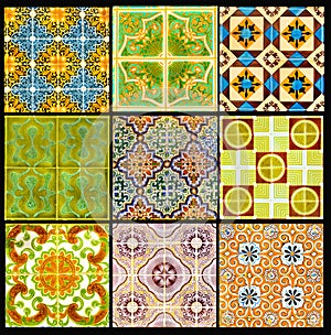 Portuguese Tiles with Retro Geometrical Pattern, Glazed Handmade Azulejos, Portugal Street Art, Patchwork