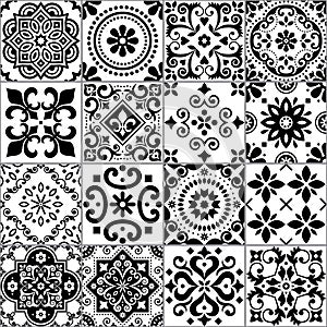 Portuguese and Spanish azulejo tiles seamless vector pattern collection in black on white, traditional floral design big set inspi