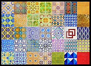Portuguese Tiles Collage, Retro Geometrical Pattern, Glazed Handmade Azulejos, Portugal Street Art, Patchwork