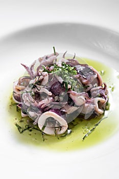 Portuguese traditional fresh seafood marinated squid salad in coriander oil photo