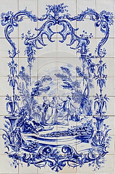 Portuguese traditional hand painted tin-glazed ceramic tilework, Azulejo photo