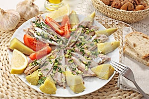 Portuguese traditional recipe - scaled and boiled mackerel