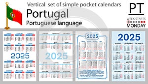 Portuguese vertical set of pocket calendar for 2025. Week starts Monday