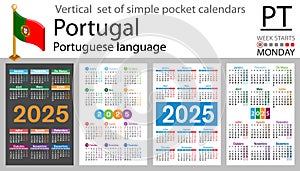Portuguese vertical set of pocket calendar for 2025. Week starts Monday