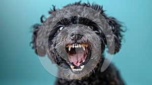 Portuguese Water Dog, angry dog baring its teeth, studio lighting pastel background