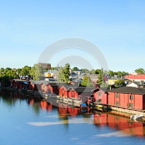 Porvoo in Finland. Old wooden red houses on the riverside