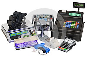 POS Equipment. Cash register, receipt printer, barcode reader, POS-terminal, money counting machine, price label gun, tag gun and