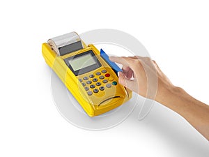 POS machine, payment by credit card reader and women hand isolated