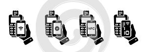 POS Payment Processing Silhouette Icon. Approved Cashless Transaction NFC Technology Pay Process Glyph Pictogram