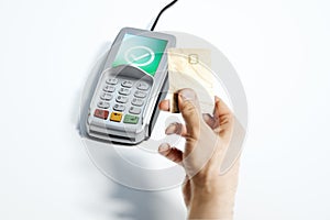 POS payment terminal and bank card  on white. NFC. 3d rendering.