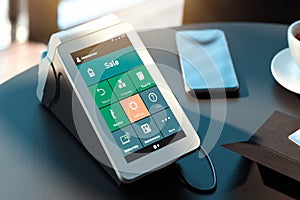 POS payment terminal and mobile phone. NFC payments concept. 3d rendering.