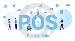 Pos point of sale concept with big word or text and team people with modern flat style - vector