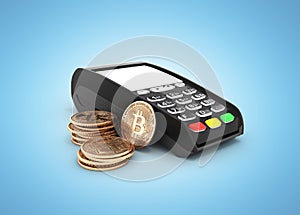 POS terminal with bitcoins and empty screen Concept of payment by bitcoins isolated on blue gradient background 3d render