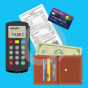 POS terminal,Blank receipt,wallet with money and credit card