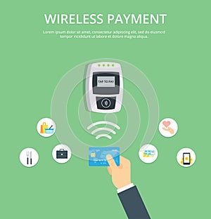 Pos terminal confirms contactless payment from credit card. NFC Payment illustration in flat style.