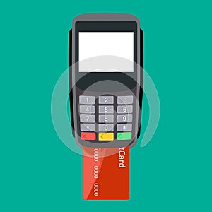 Pos terminal confirms payment by bank card. Supermarket interior. Cashier counter workplace. Shelves with products. Cash register