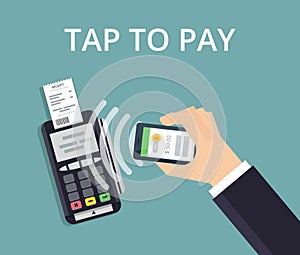 Pos terminal confirms payment from smartphone. Mobile Payment and NFC technology concept. Flat style illustration.