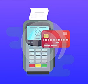 POS terminal with credit card on blue