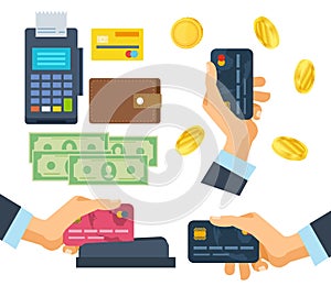 Banking, payment terminal, finance, monetary currencies, gold coins, bank card.