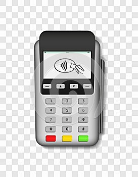 Pos terminal. Machine for payment of credit card. 3d realistic mockup of terminal with swipe for pay. Silver device with screen