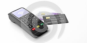 Payment machine, POS terminal and credit cards isolated on white background. 3d illustration