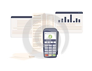 POS terminal payment machine with paper bill check approve transaction concept vector illustration on white background