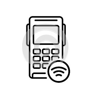 Pos terminal with paypass. Contactless purchase by card or digital device. Linear nfc icon. Black illustration of credit card photo