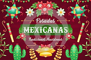 Posadas Mexicanas. 3d illustration of piÃÂ±ata, cactus and floral ornament photo