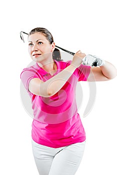 Pose woman golfer after hitting a ball club on a white