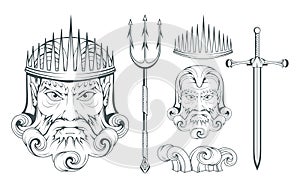 Poseidon - Ancient Greek supreme sea god. Greek mythology. Neptune trident. Olympian gods collection. Hand drawn Man Head.