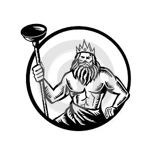Poseidon Holding Toilet Plunger Circle Woodcut Black and White