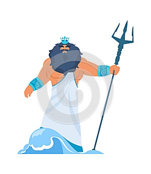 Poseidon or Neptune. Greek god. Bearded man in toga and crown with trident. Lord of water or ocean in ancient mythology