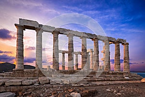 Poseidon`s Temple at Sounion at sunset time photo