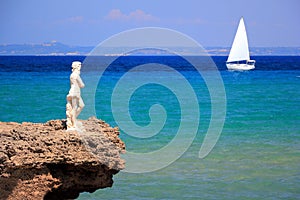 Poseidon statue. North-East coast of Zakynthos or Zante island, Ionian Sea, Greece.