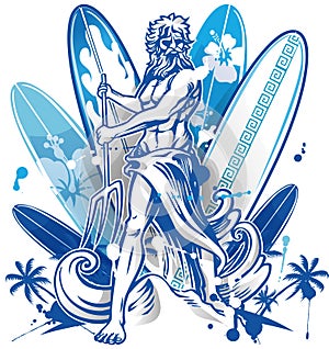 Poseidon surfer on surfboard background