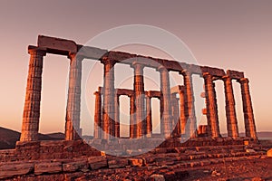 Poseidon Temple Ruins at sunset in Cape Sounion