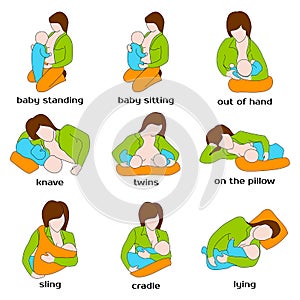 Poses for breastfeeding. Woman breastfeeding a