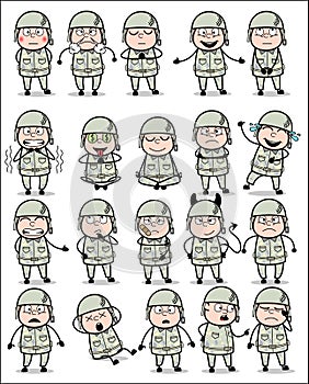 Poses of Cartoon Army Man - Set of Concepts Vector illustrations