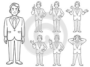 Poses of elderly businessman, Set of 7 types 1, line drawing