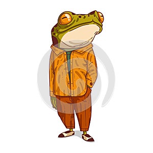 A Poseur Frog, isolated vector illustration. Young trendy dressed anthropomorphic frog showing off. Humanized toad posing