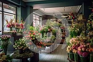 posh boutique flower shop, with flowers and plants on display for customers to browse
