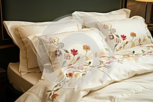 posh embroidered bedding set in a boutique hotel room