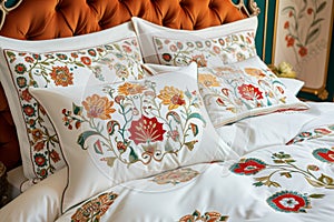 posh embroidered bedding set in a boutique hotel room