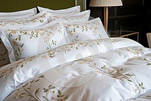 posh embroidered bedding set in a boutique hotel room