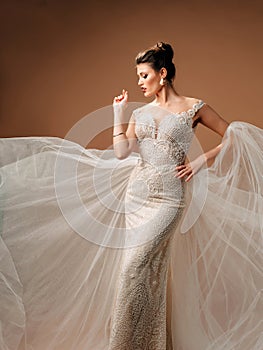 Posh lace wedding dress. Gorgeous model bride in luxury mermaid wedding gown.