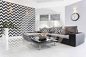 Posh living room with white tiled floor