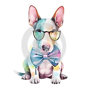 Posh Pup: A Watercolor Bull Terrier Puppy with Headband, Bandana and Glasses AI Generated